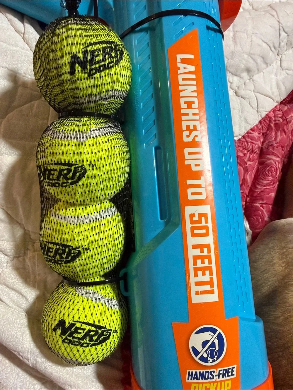 NWT Nerf Dog Blue & Orange Launcher with 4 Neon Yellow Tennis Balls -50 feet